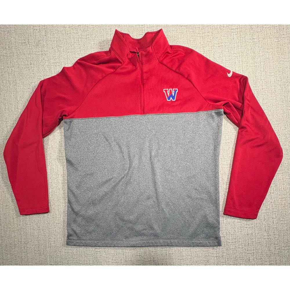 Nike Dri-FIT Mens Large Red Gray Colorblock Quarter Zip Pullover W Logo Fleece